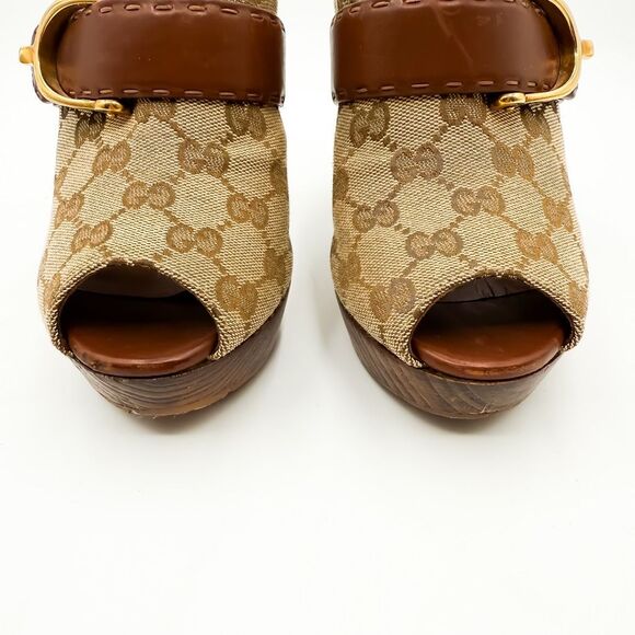 Gucci GG Canvas Horsebit Clogs Supreme Tan Wooden Mules EU 38 US 8 - Picture 2 of 5